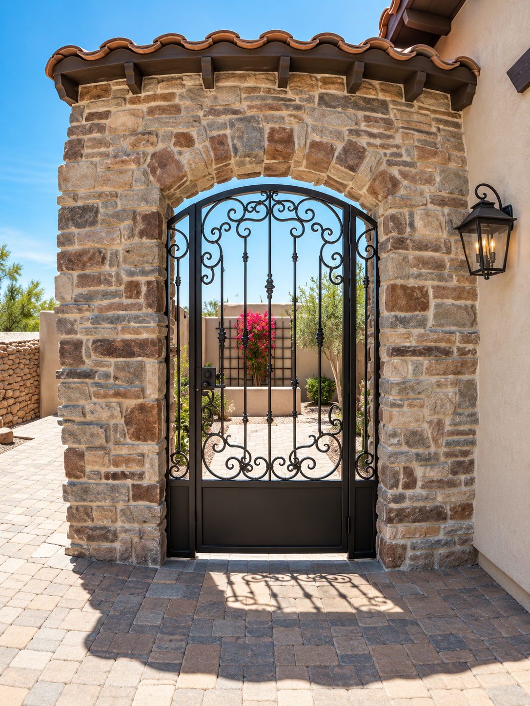 Residential custom scroll iron courtyard entry gate